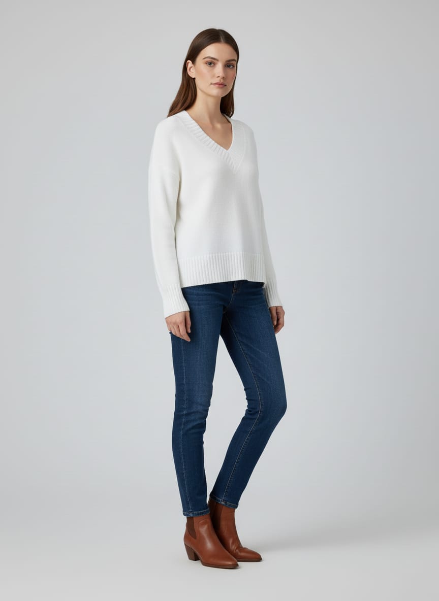 Women Over Size V-Neck Pullover (White)