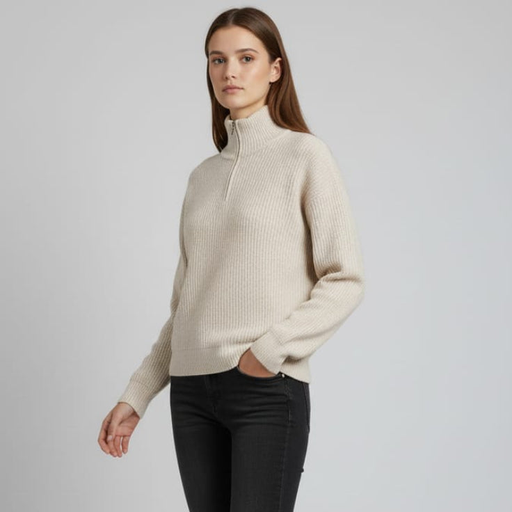 Women Half Zip Sweater (Beige)