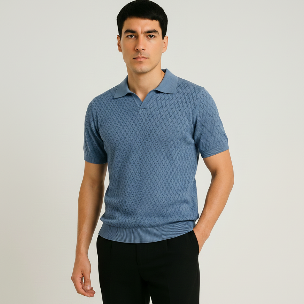 Men Textured Knit Regular Fit Polo (Blue)
