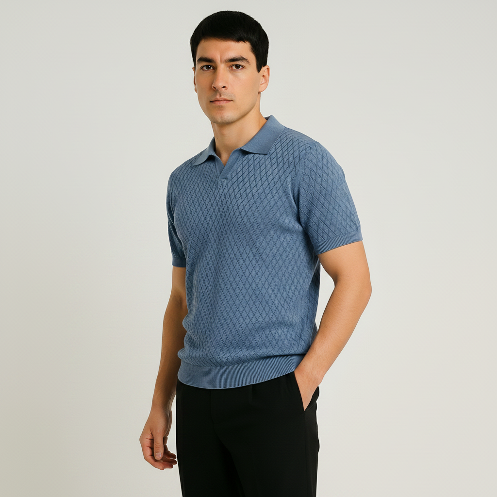 Men Textured Knit Regular Fit Polo (Blue)