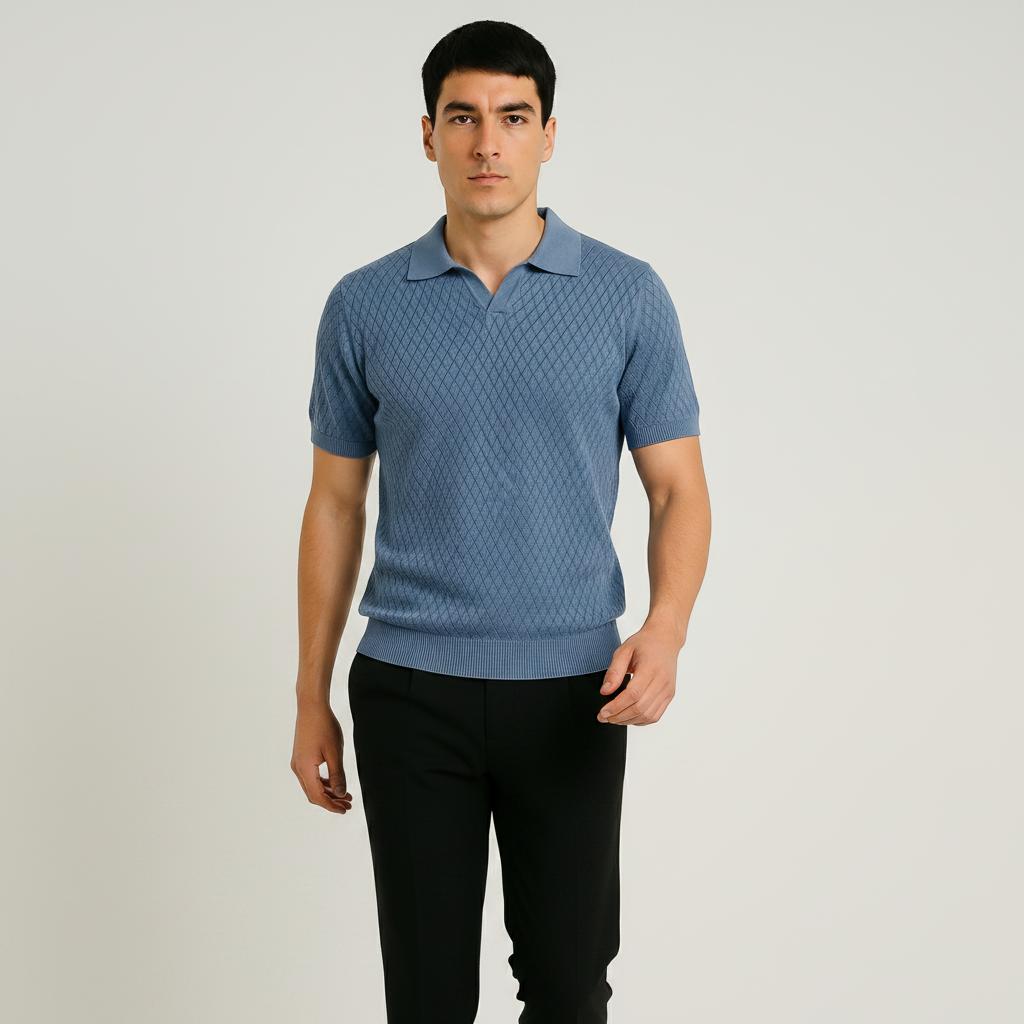 Men Textured Knit Regular Fit Polo (Blue)