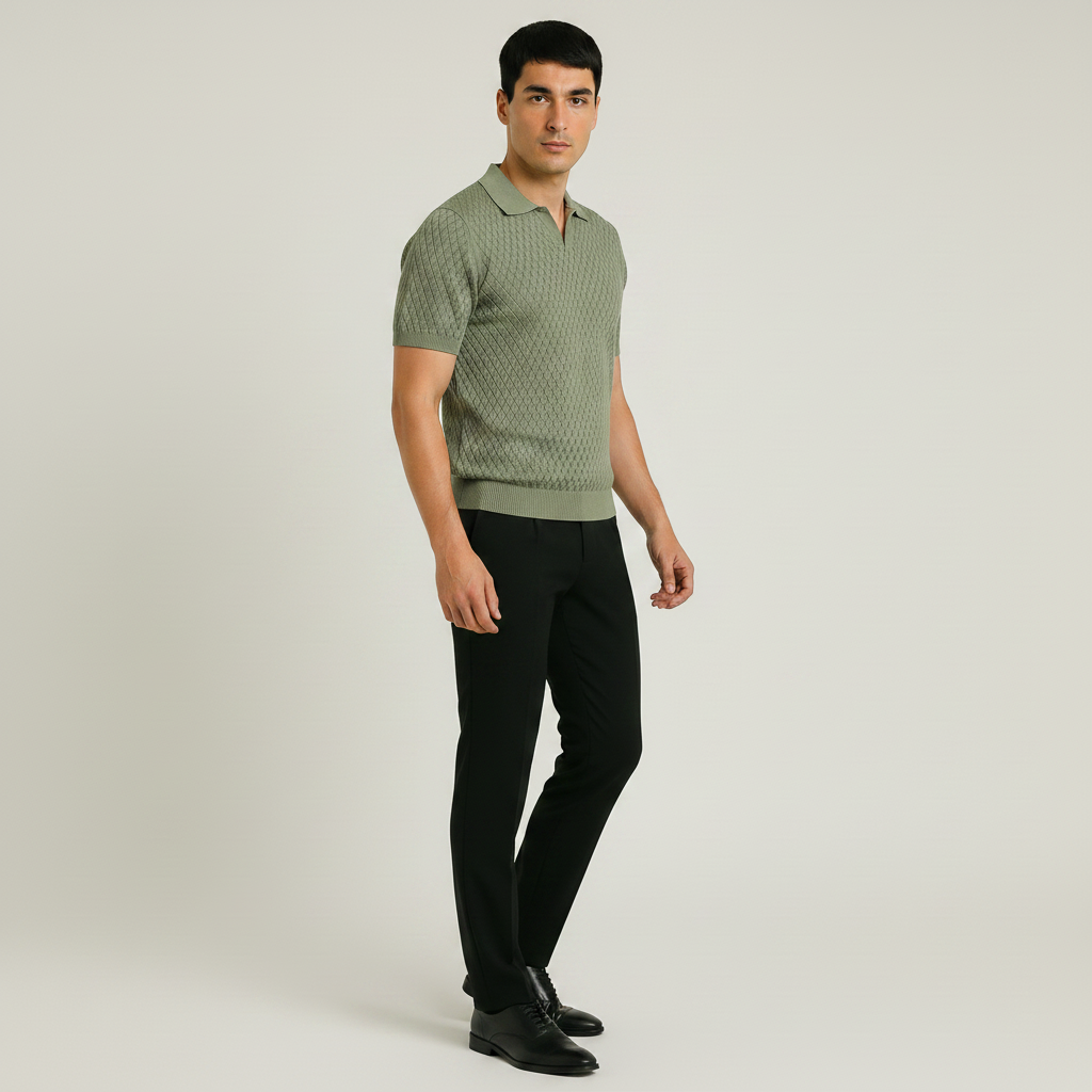 Men Textured Knit Regular Fit Polo (Olive)