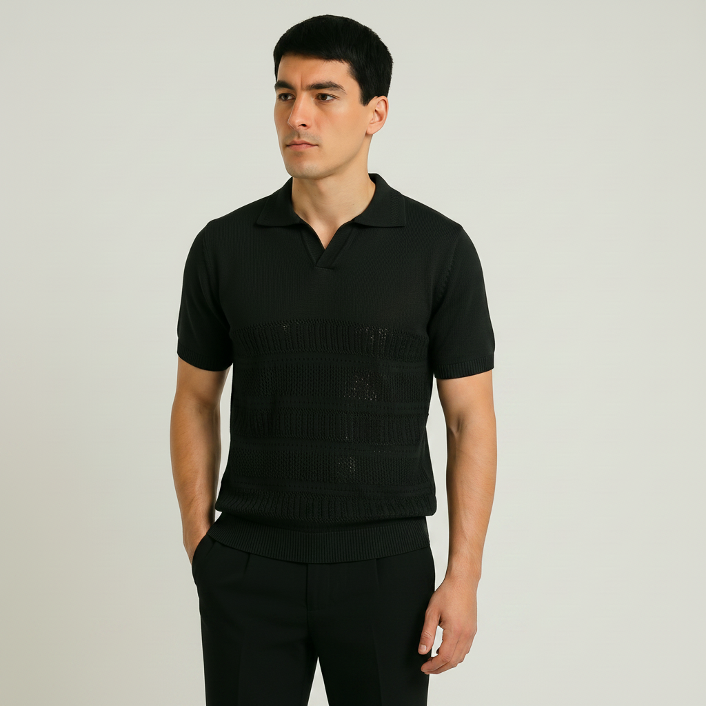 Men Textured Knit Regular Fit Polo (Black)
