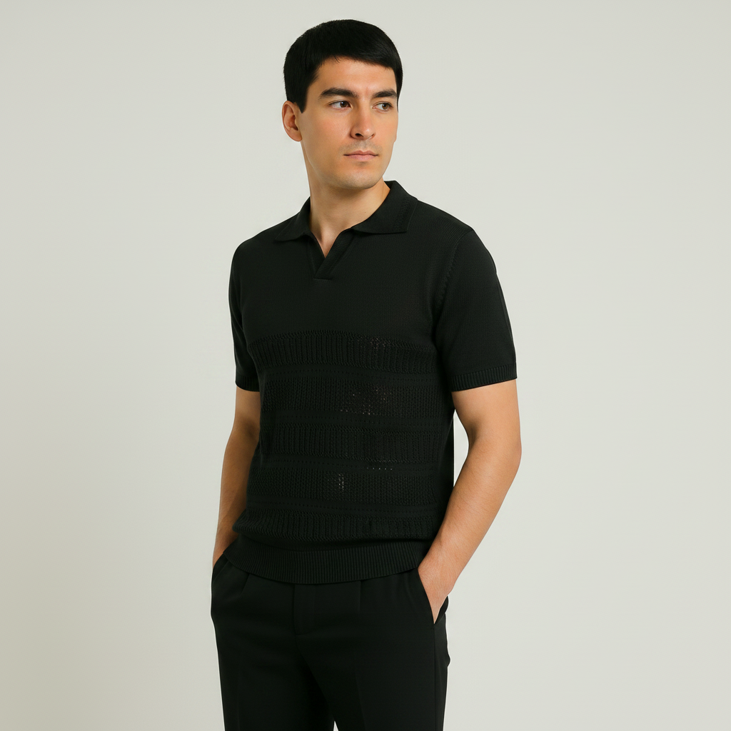 Men Textured Knit Regular Fit Polo (Black)
