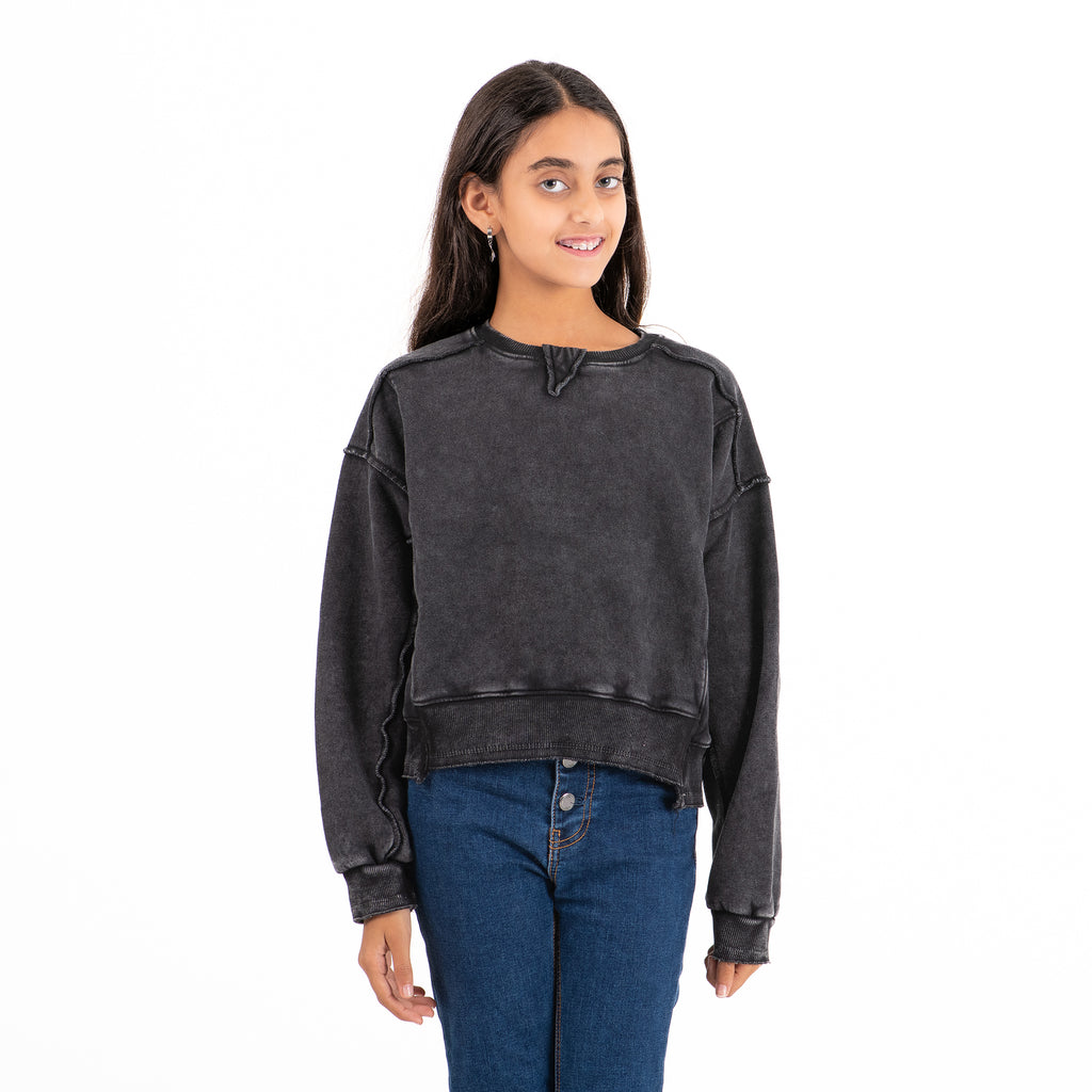 Girls Crew Neck Crop Padded Melton (Black)