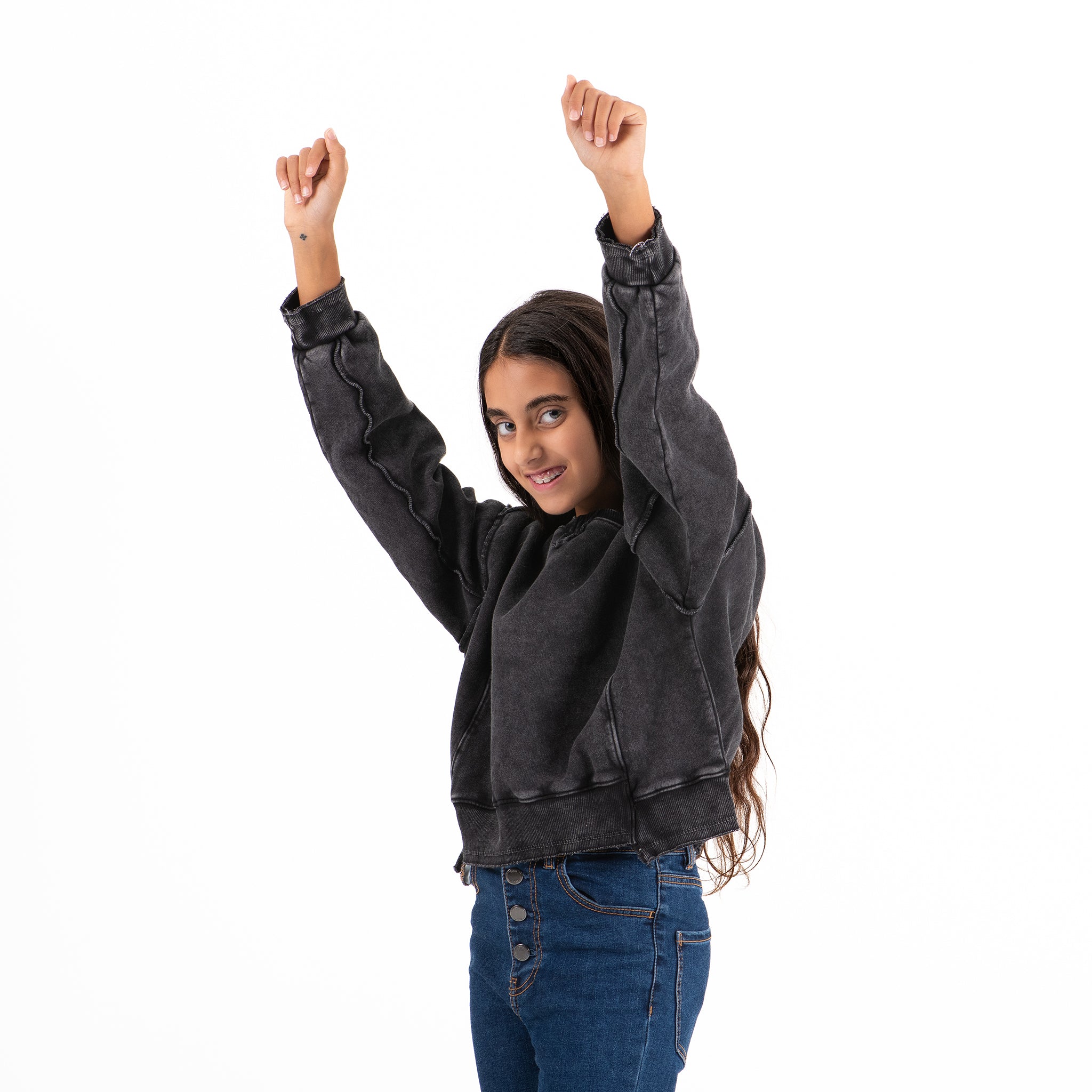 Girls Crew Neck Crop Padded Melton (Black)