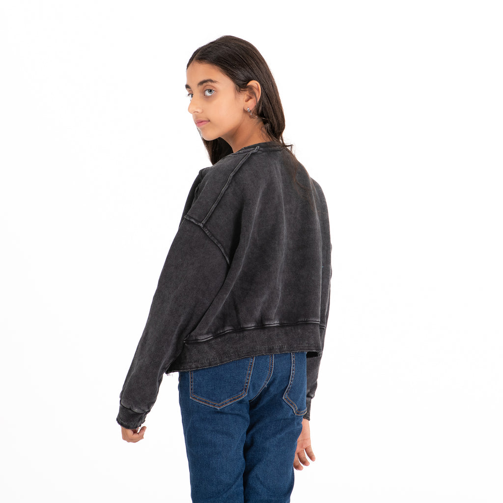 Girls Crew Neck Crop Padded Melton (Black)