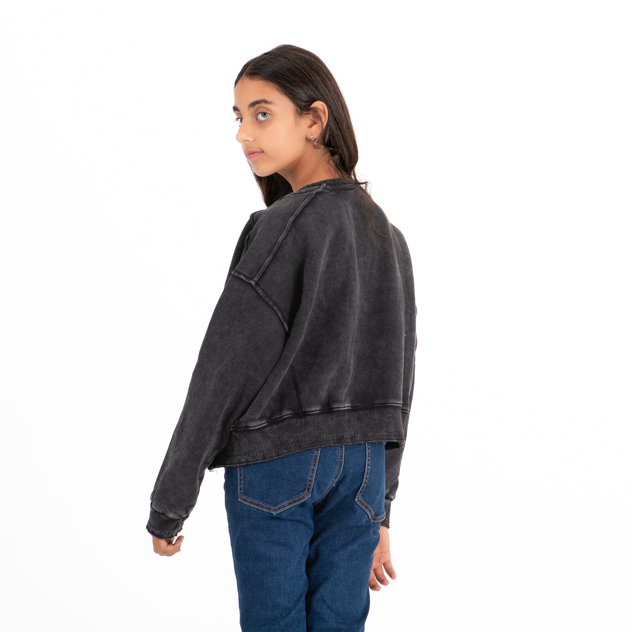 Girls Crew Neck Crop Padded Melton (Black)