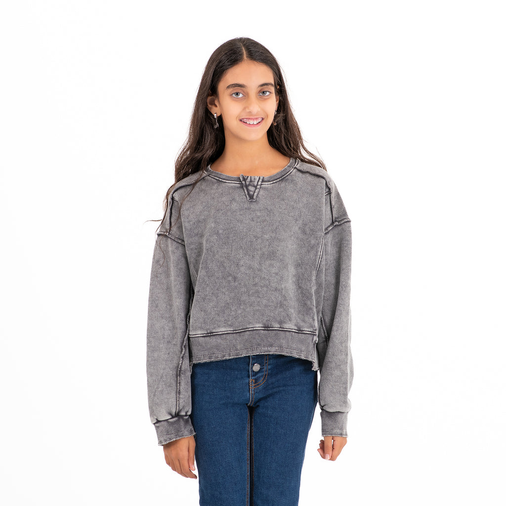 Girls Crew Neck Crop Padded Melton (Gray)