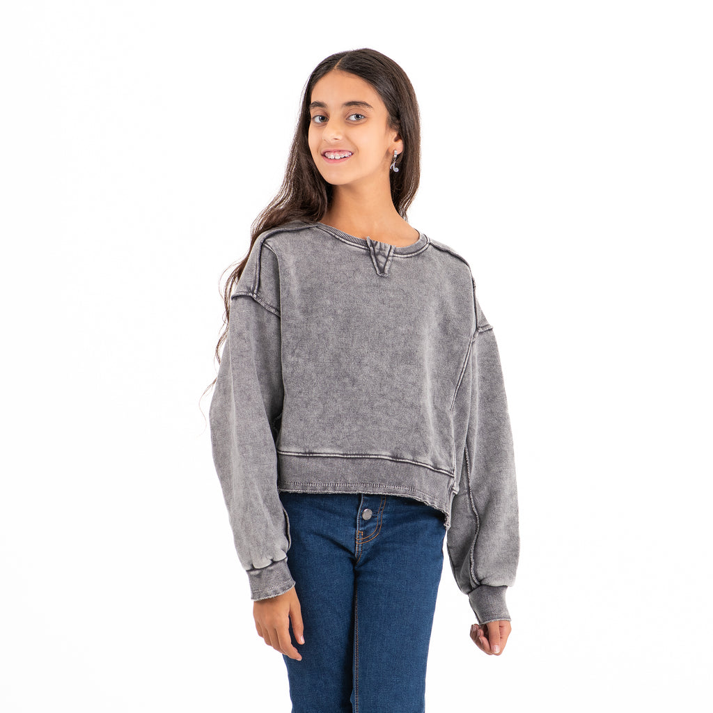 Girls Crew Neck Crop Padded Melton (Gray)