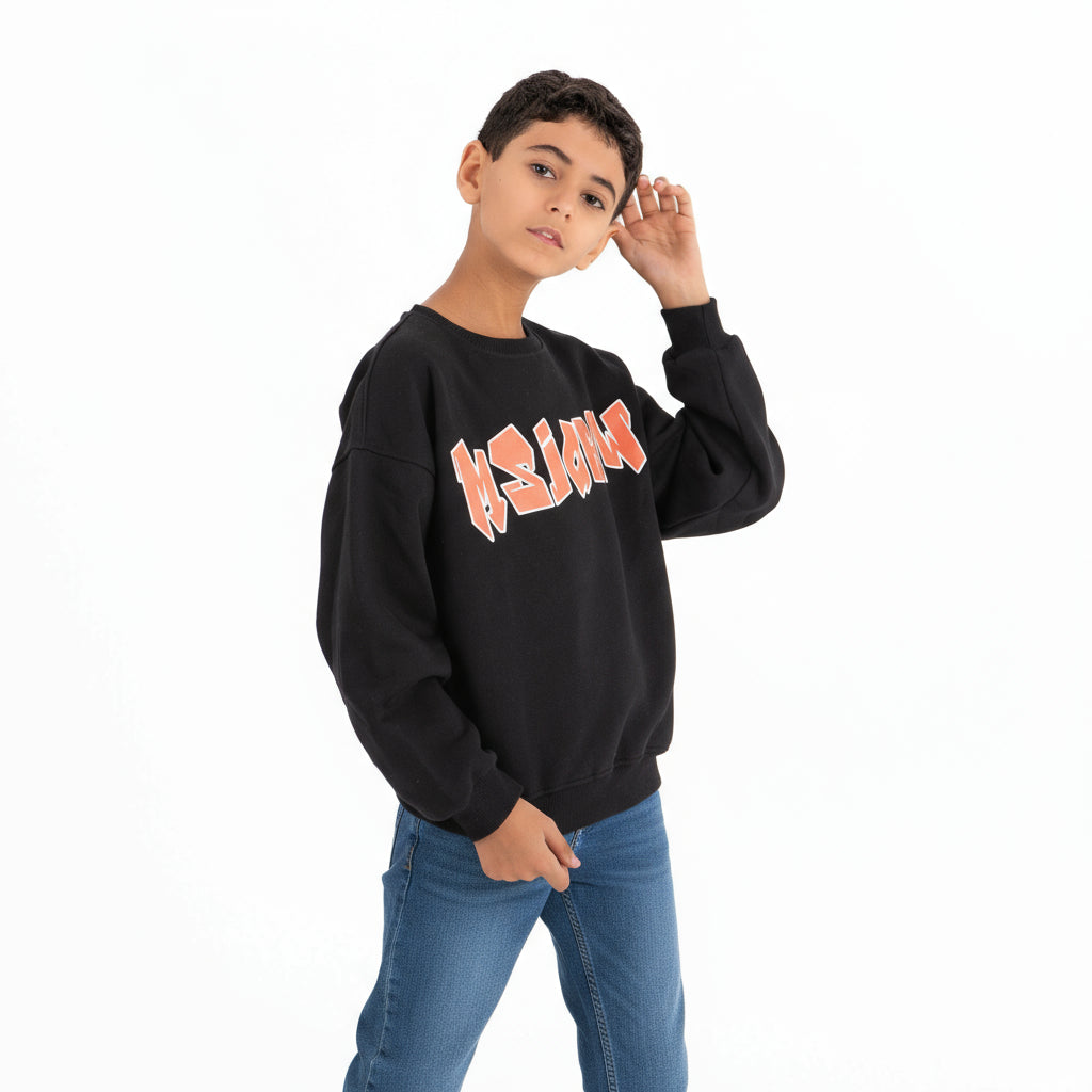 Boys Crew Neck Printed Padded Melton (Black)