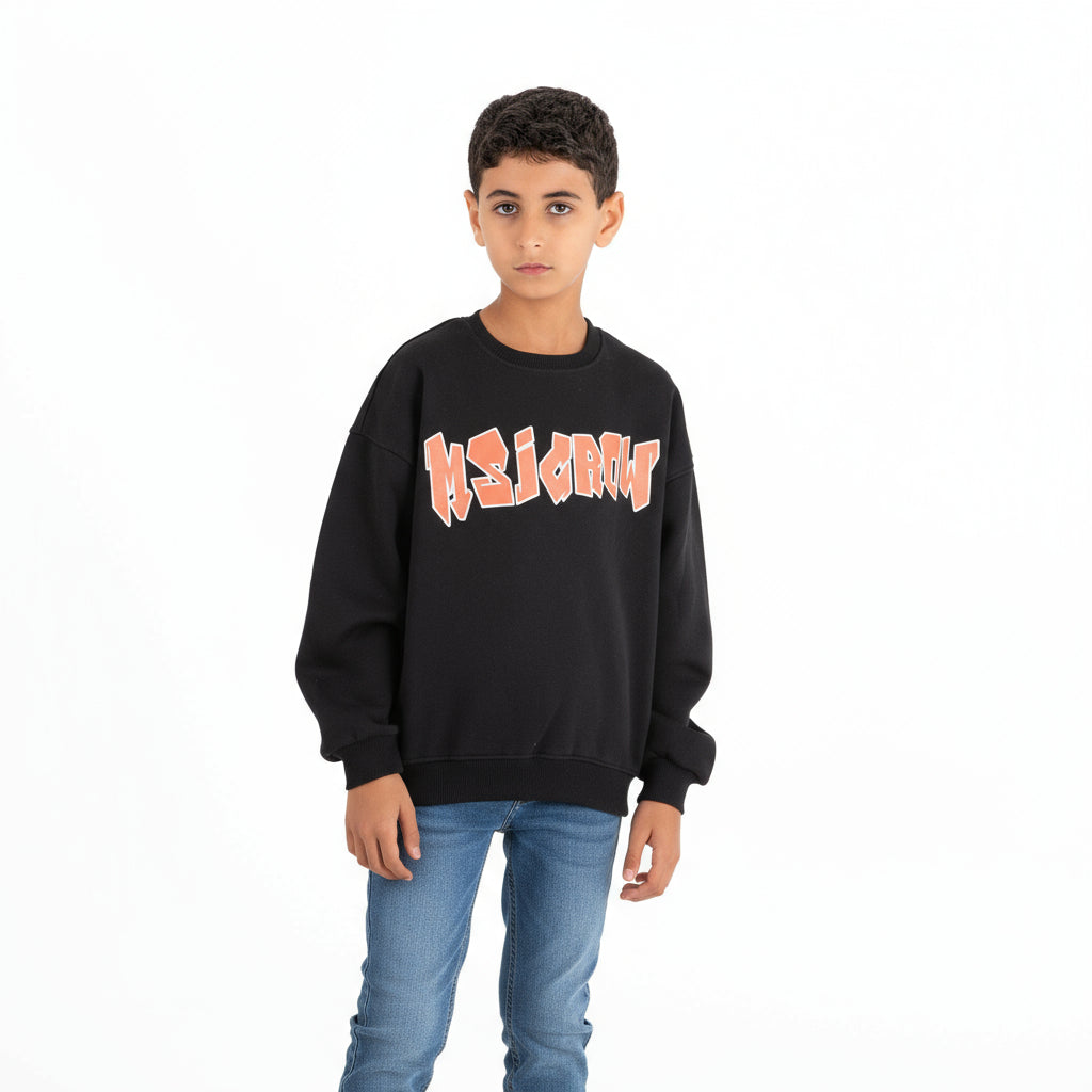 Boys Crew Neck Printed Padded Melton (Black)