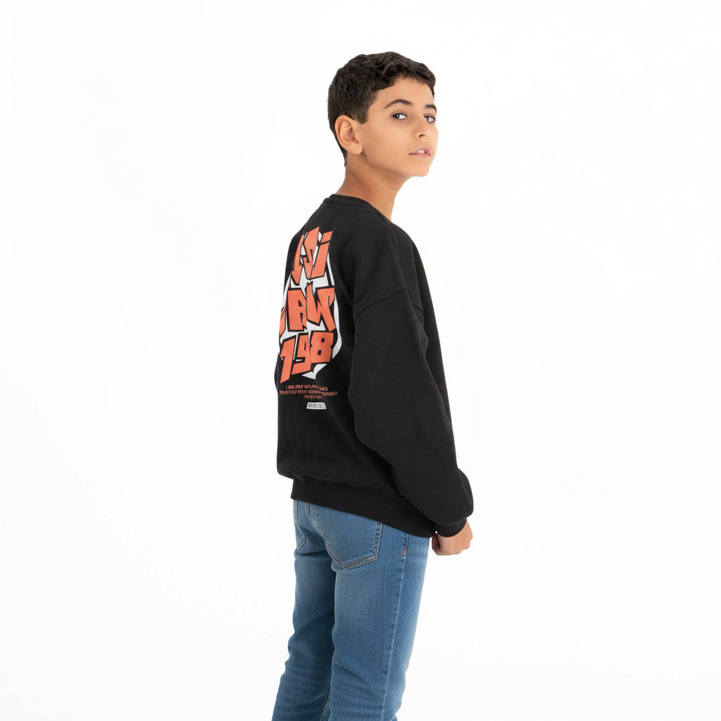 Boys Crew Neck Printed Padded Melton (Black)