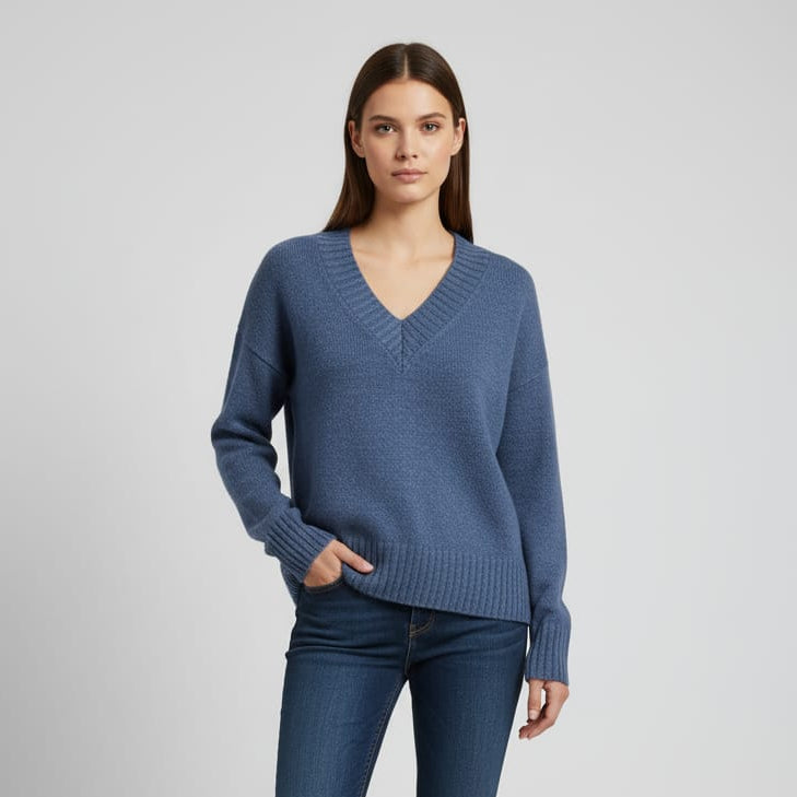 Women Over Size V-Neck Pullover (Blue)