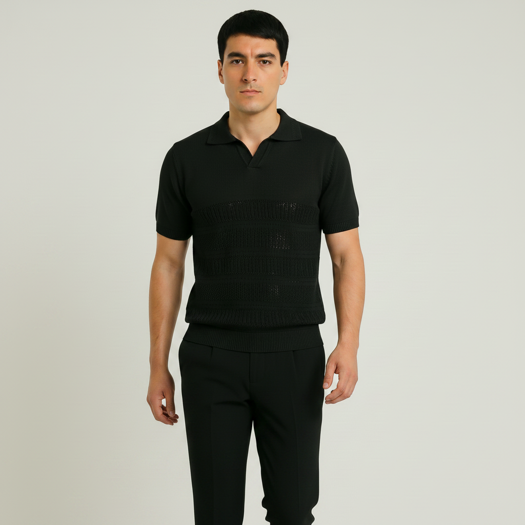 Men Textured Knit Regular Fit Polo (Black)