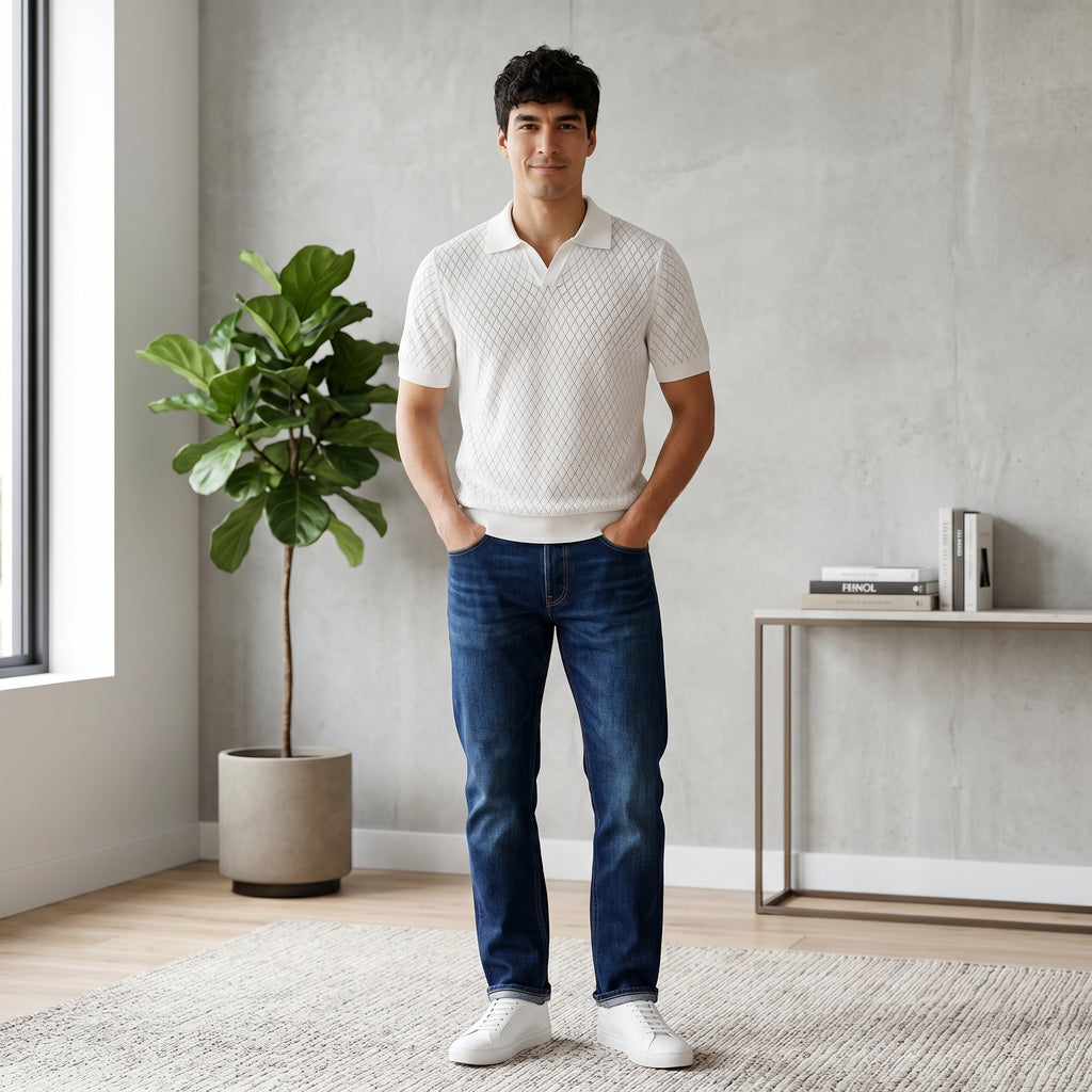 Men Textured Knit Regular Fit Polo (White)