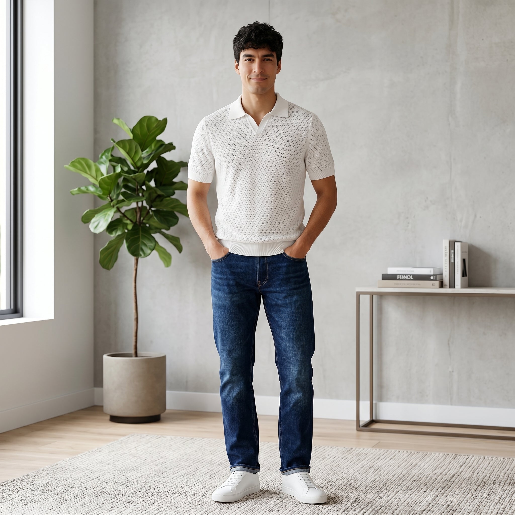 Men Textured Knit Regular Fit Polo (White)