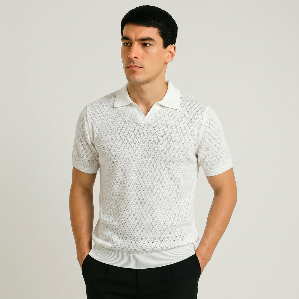 Men Textured Knit Regular Fit Polo (White)
