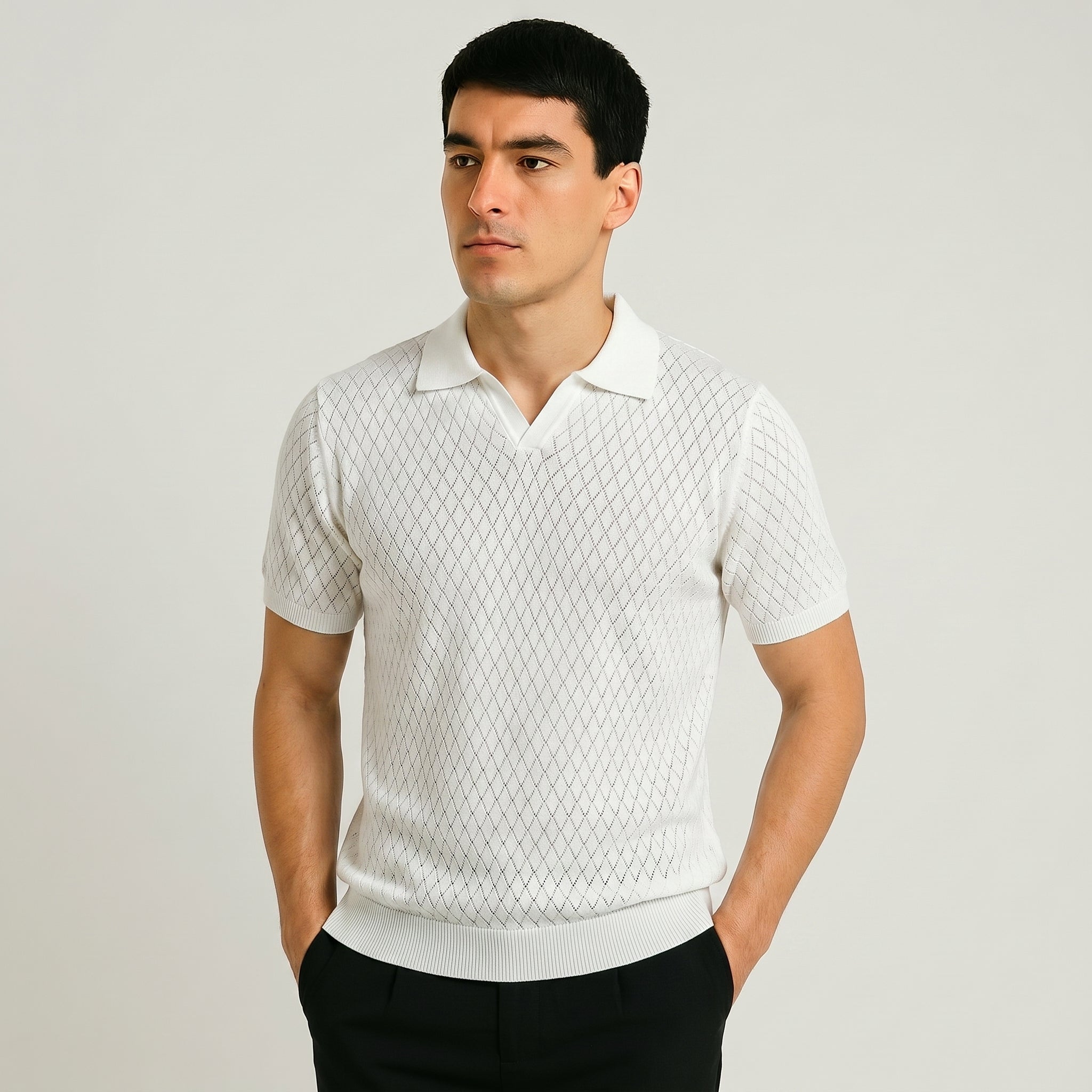 Men Textured Knit Regular Fit Polo (White)
