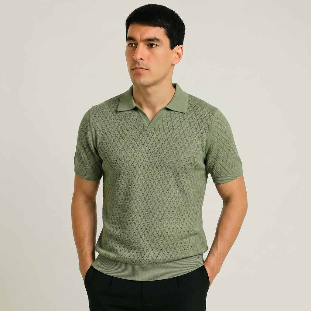 Men Textured Knit Regular Fit Polo (Olive)