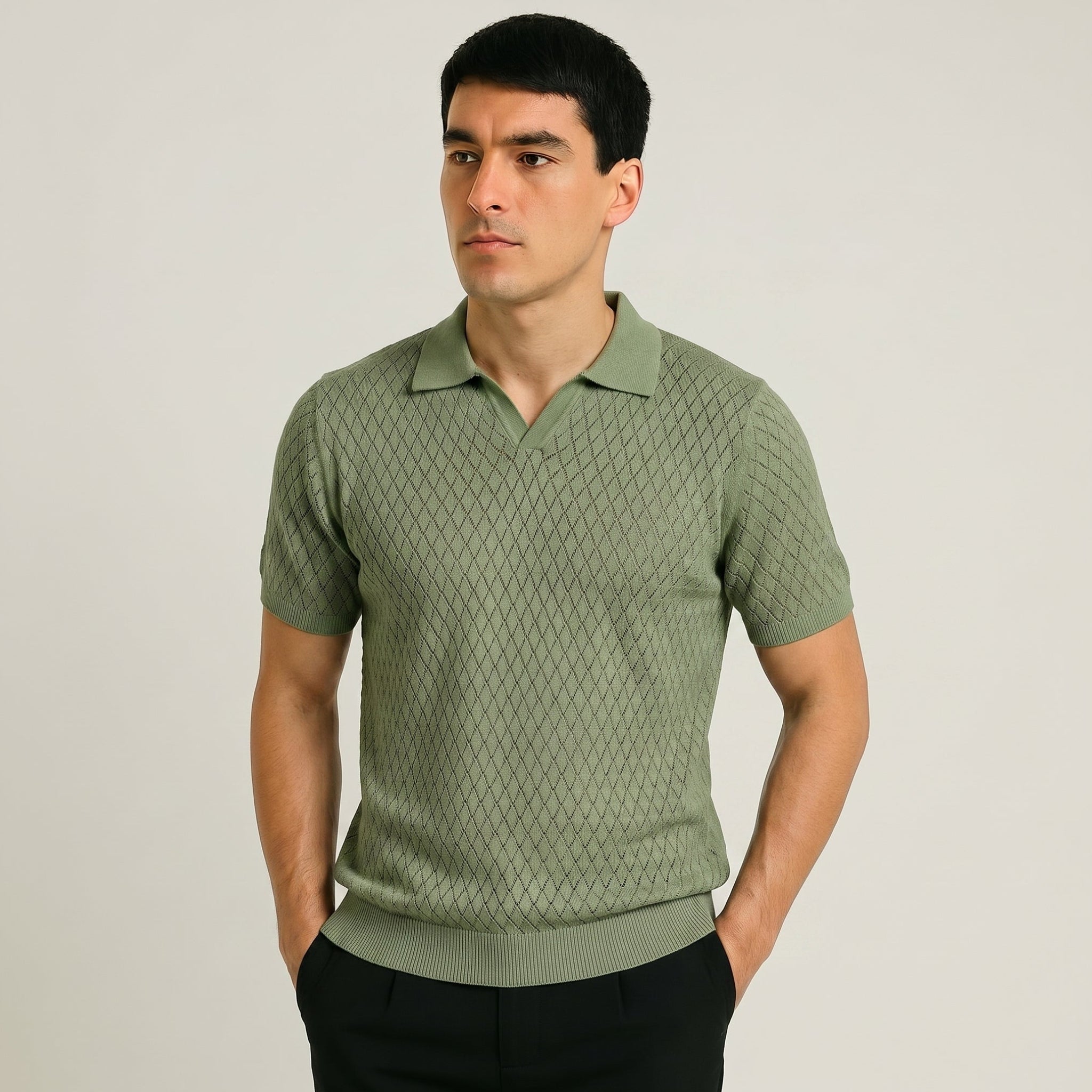 Men Textured Knit Regular Fit Polo (Olive)