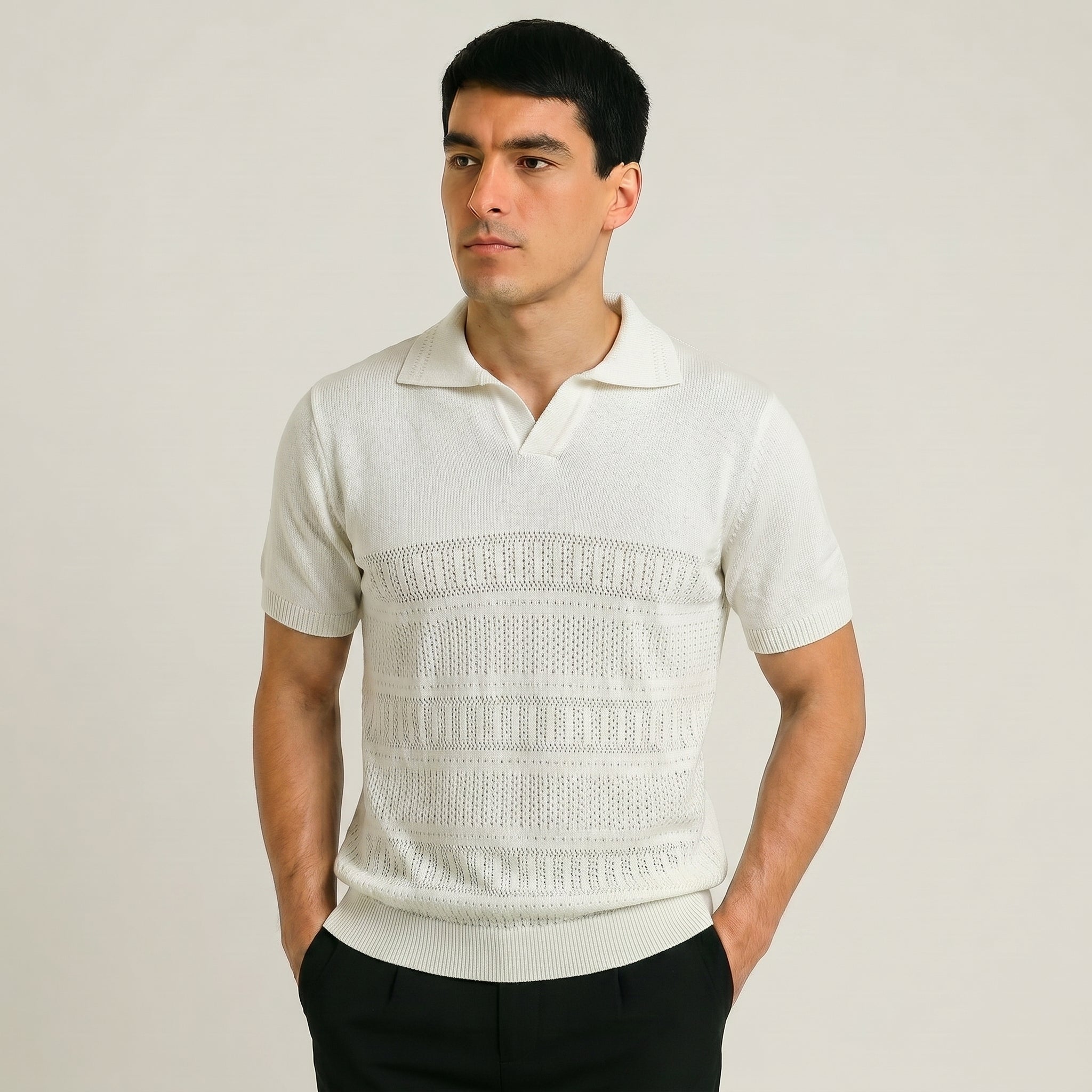 Men Textured Knit Regular Fit Polo (White)