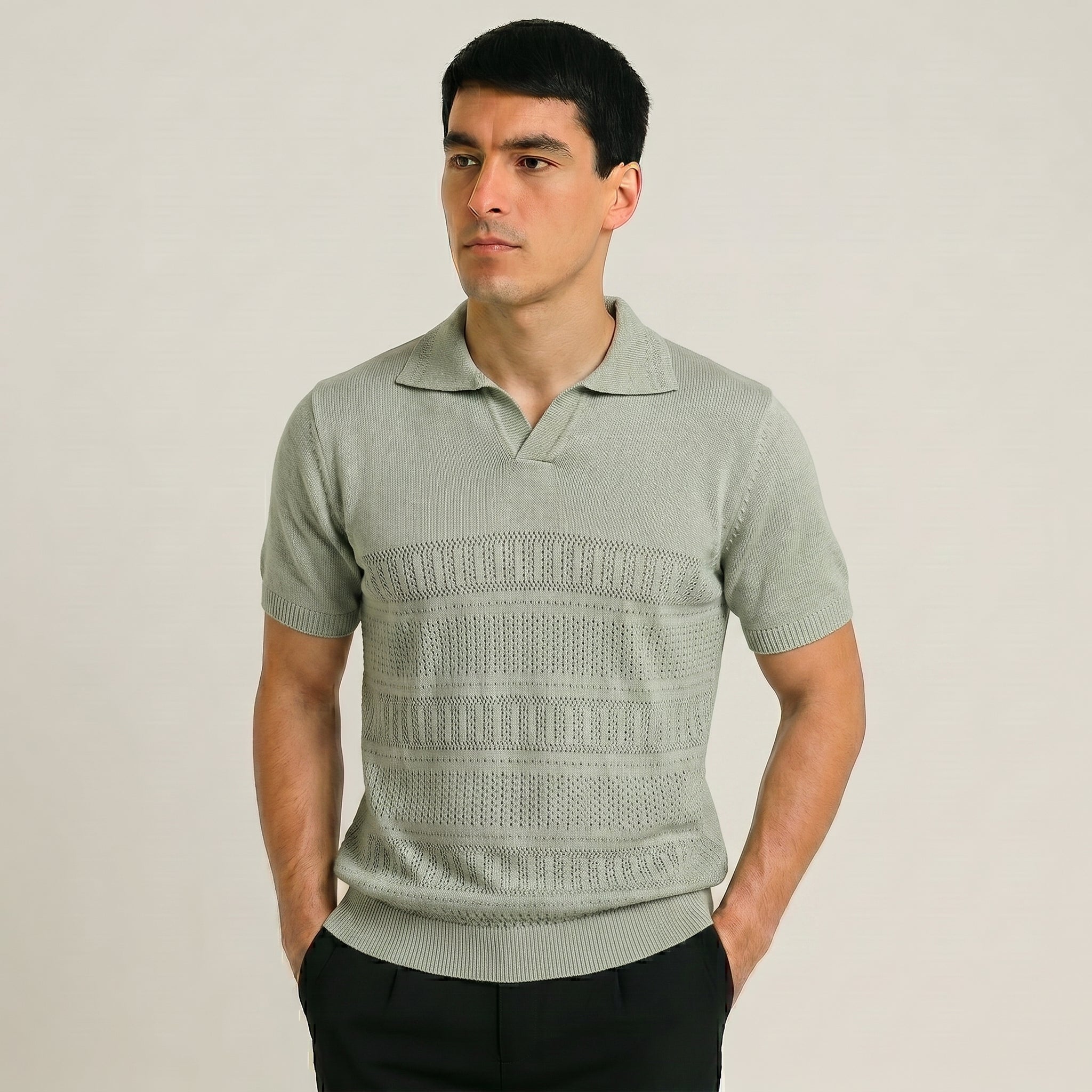 Men Textured Knit Regular Fit Polo (Light Olive)