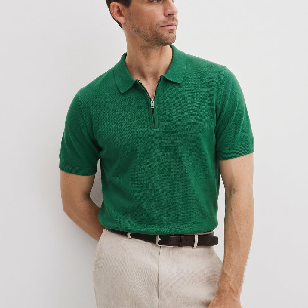 Men Knitted Quarter_Zip Polo Shirt (Green)