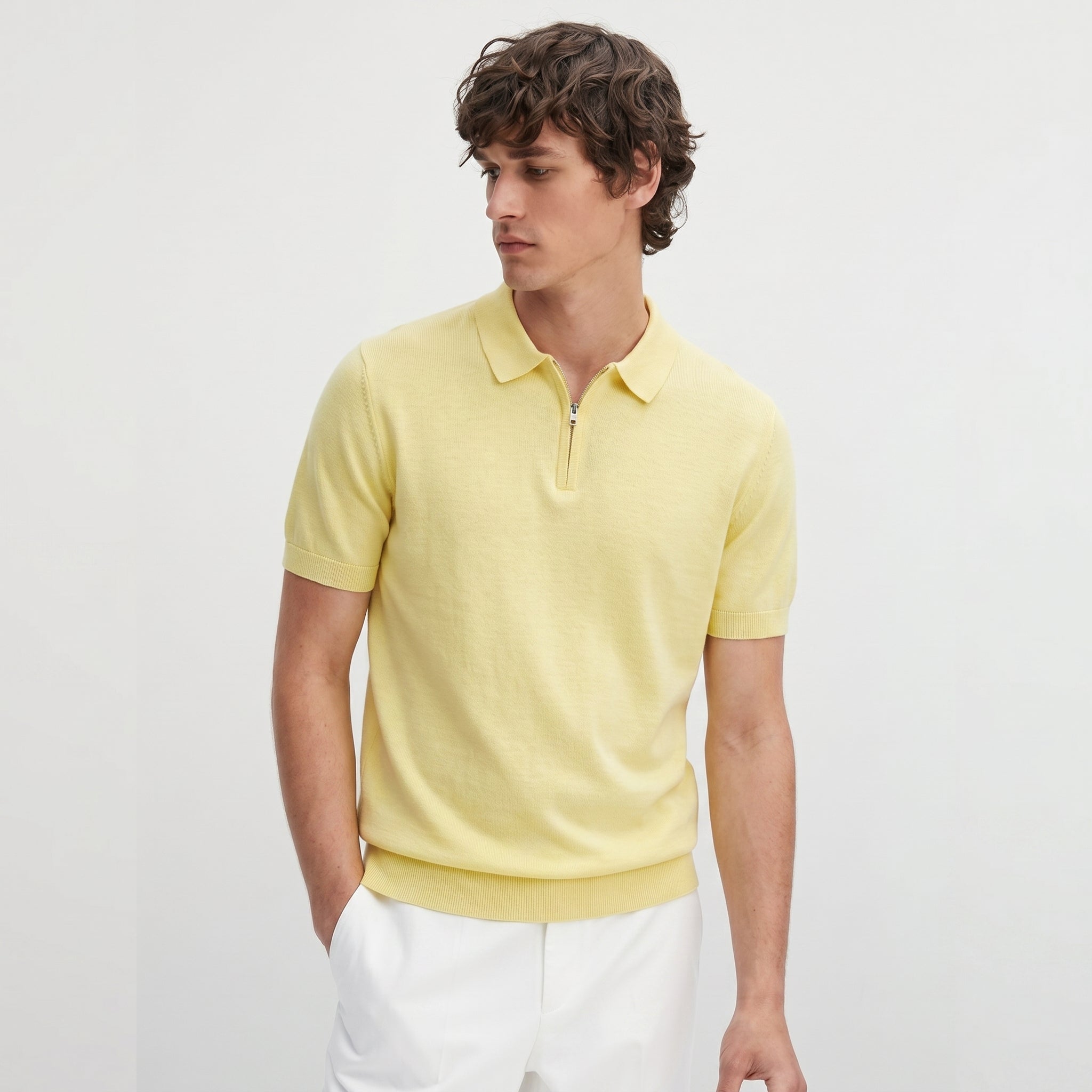 Men Knitted Quarter-Zip Polo Shirt (Yellow)