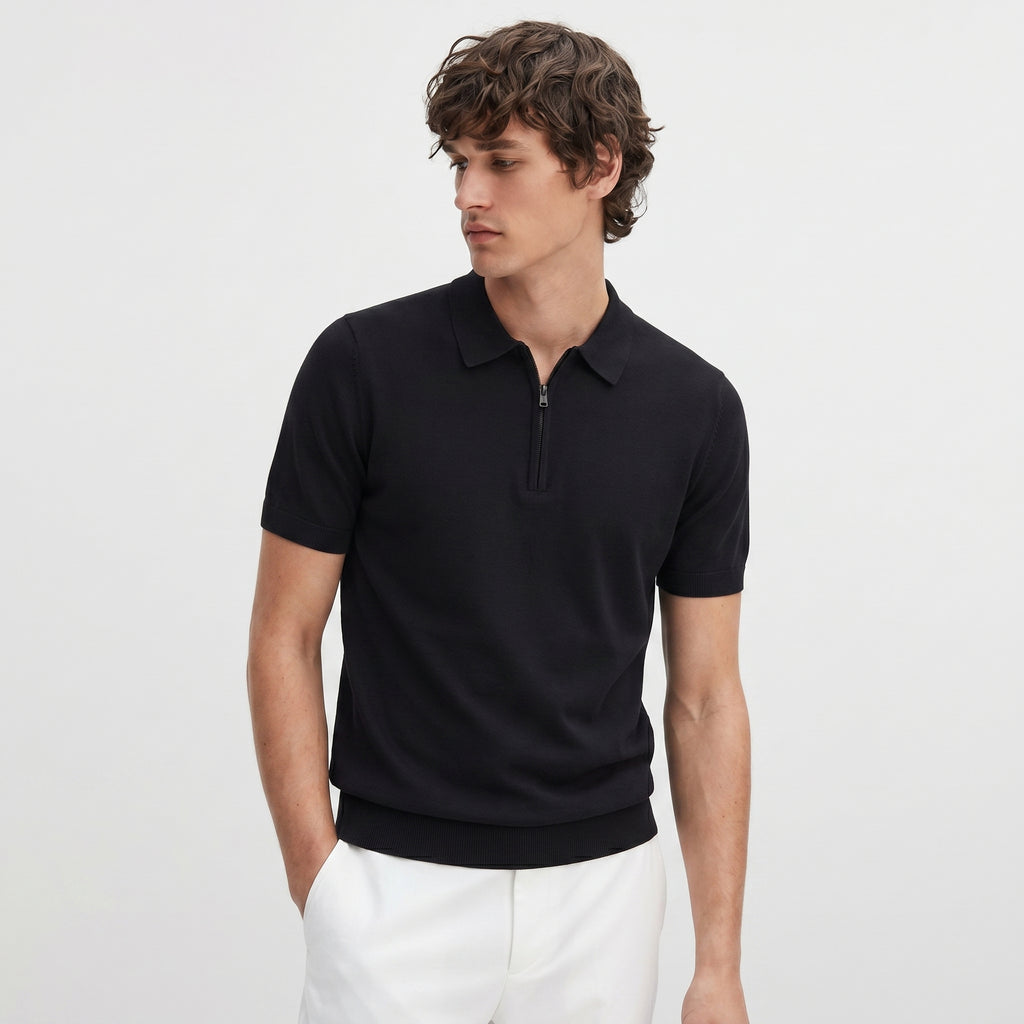 Men Knitted Quarter_Zip Polo Shirt (Black)