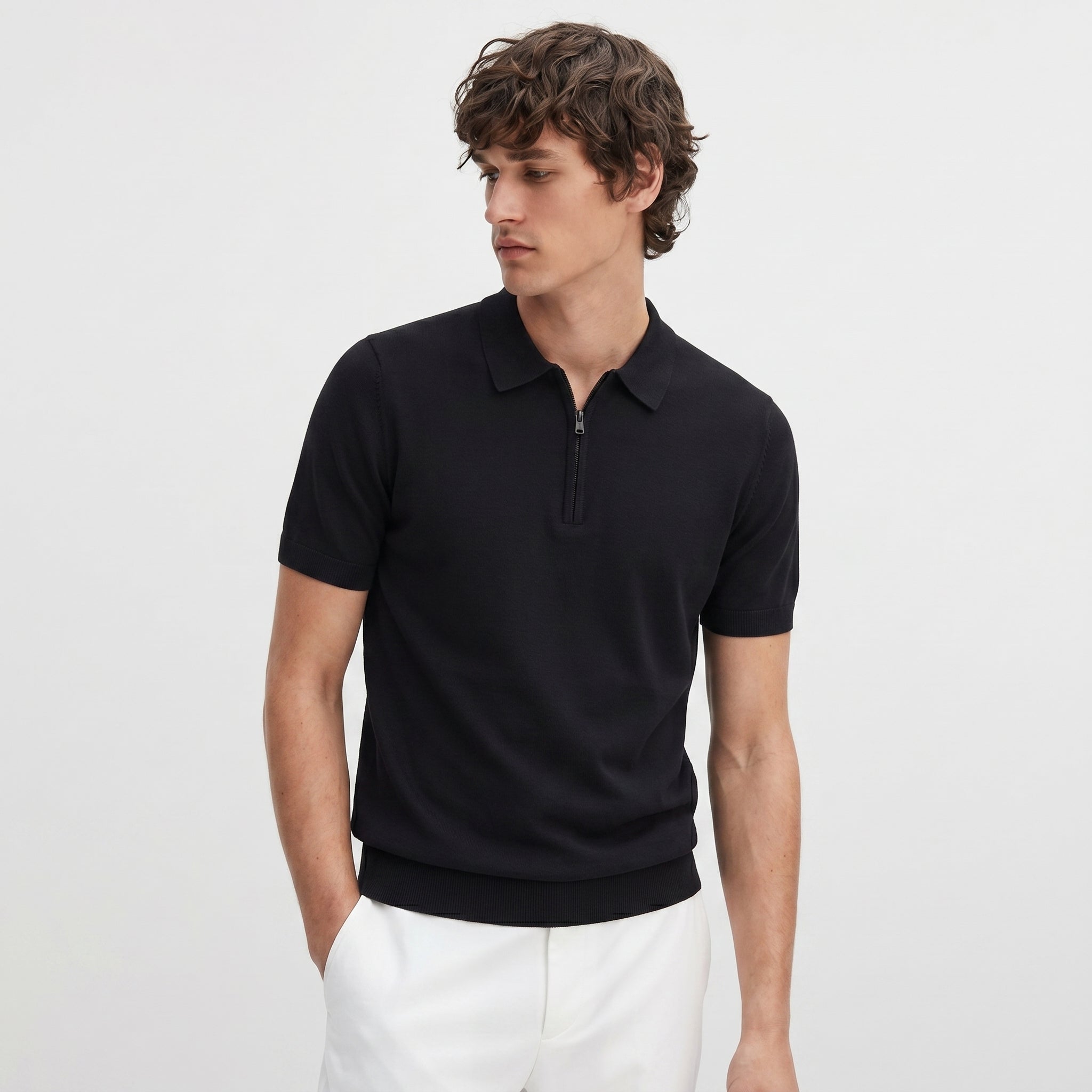 Men Knitted Quarter_Zip Polo Shirt (Black)