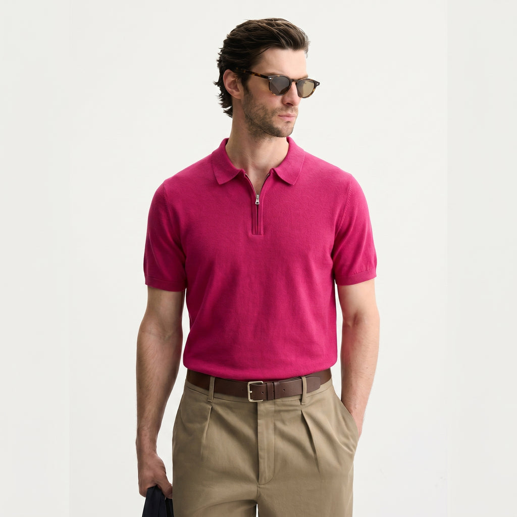 Men Knitted Quarter_Zip Polo Shirt (Burgundy)