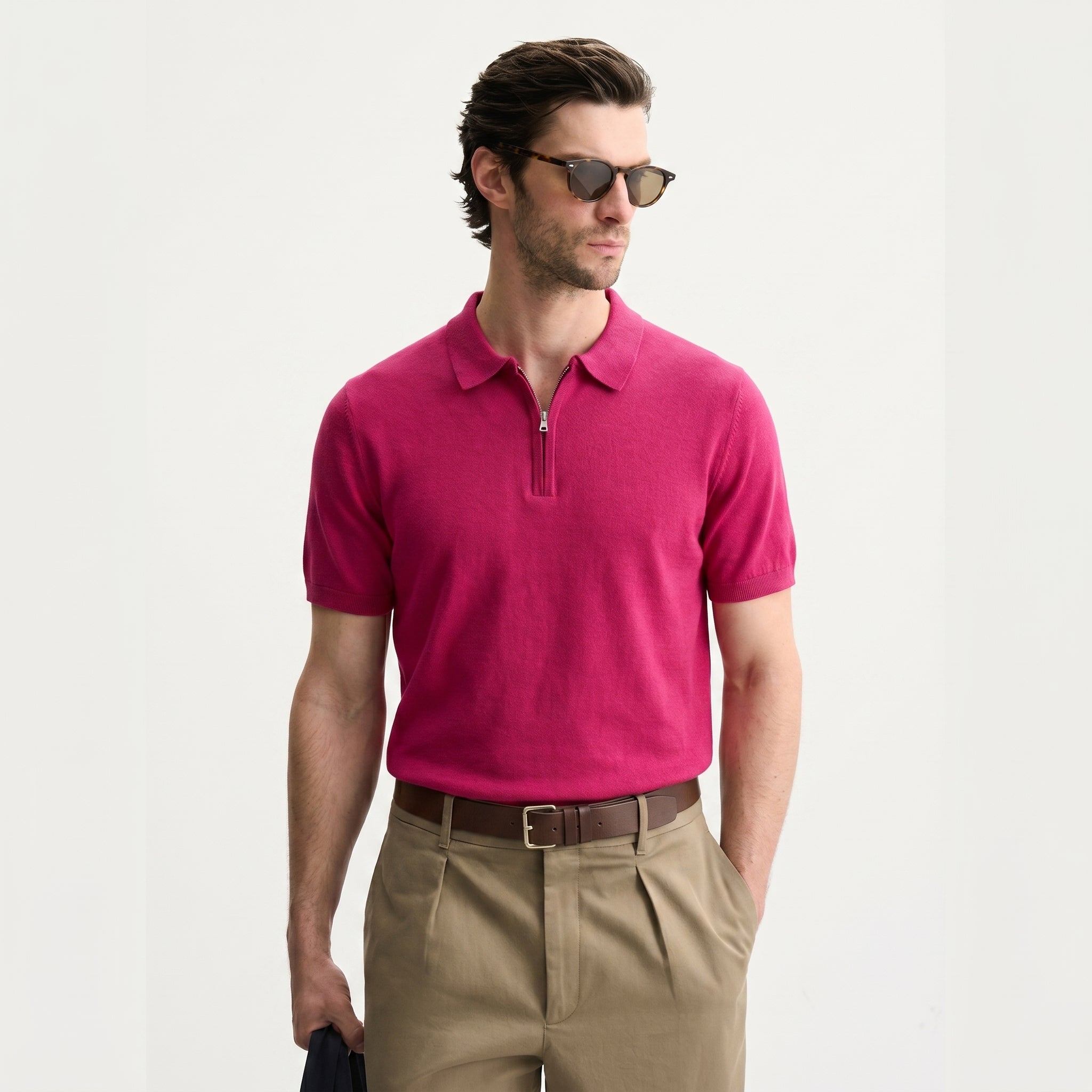 Men Knitted Quarter_Zip Polo Shirt (Burgundy)