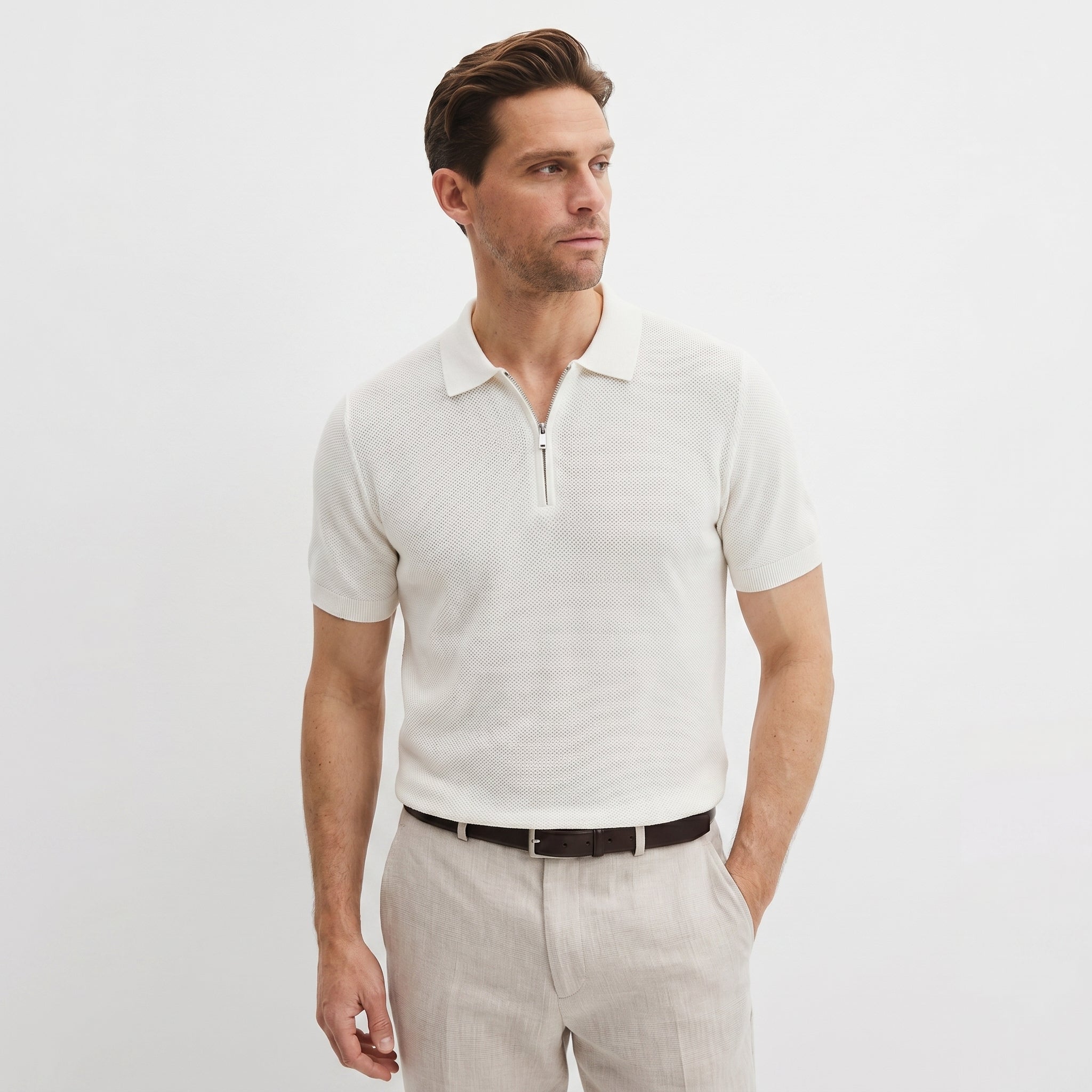 Men Knitted Quarter_Zip Polo Shirt (White)