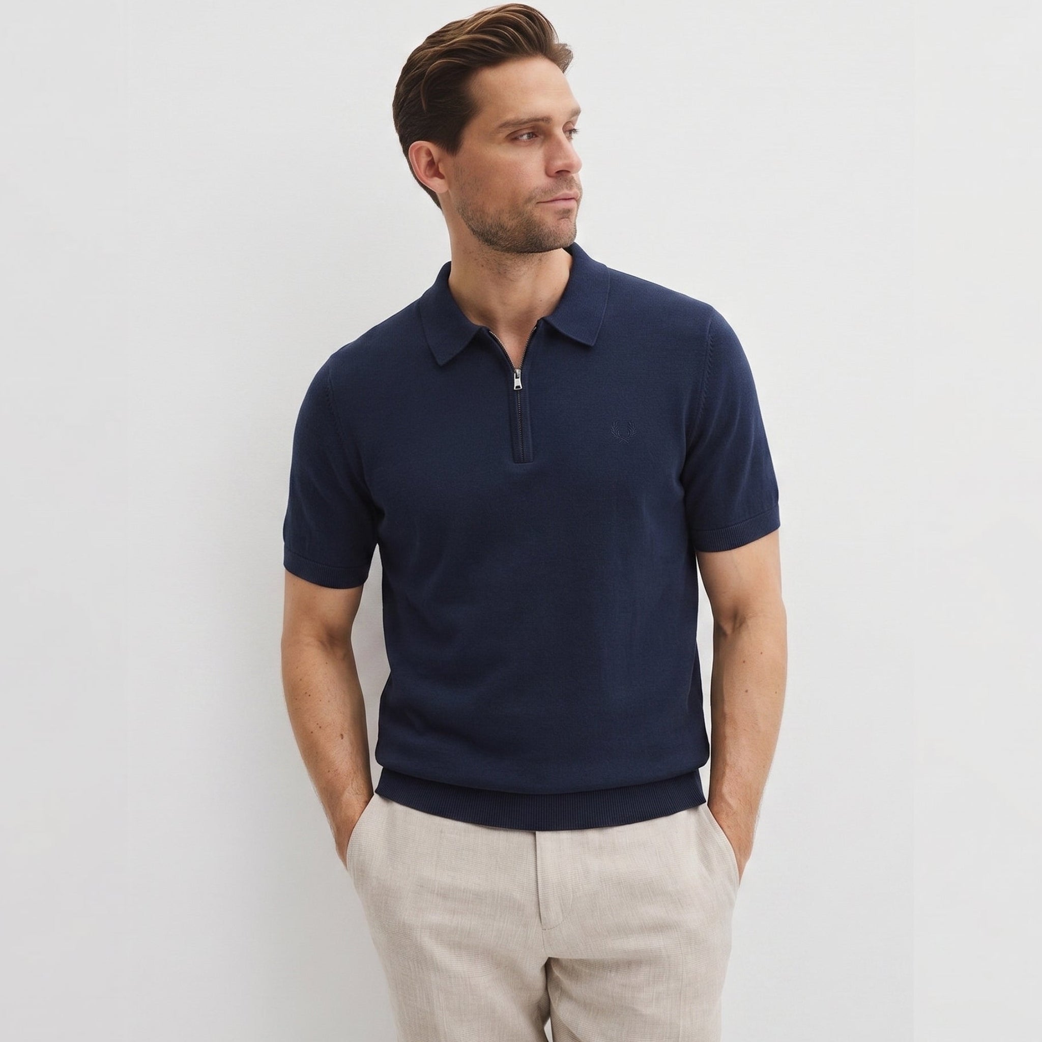 Men Knitted Quarter_Zip Polo Shirt (Dark Blue)