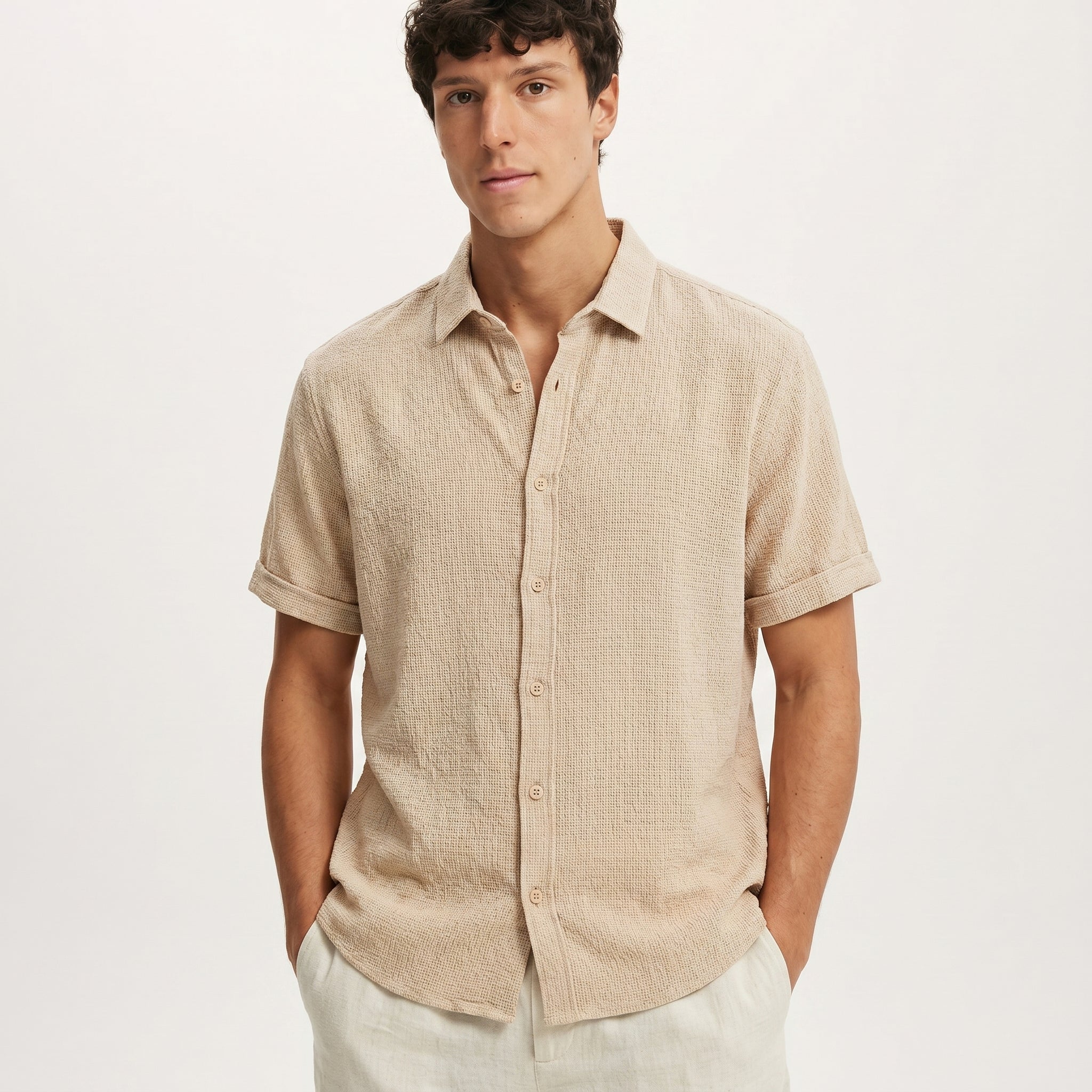 Men Regular Fit Shirt With Spread-Collar- Beige