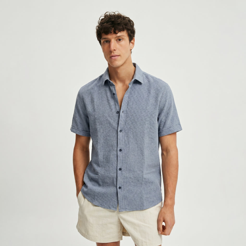 Men Regular Fit Shirt With Spread-Collar-Blue