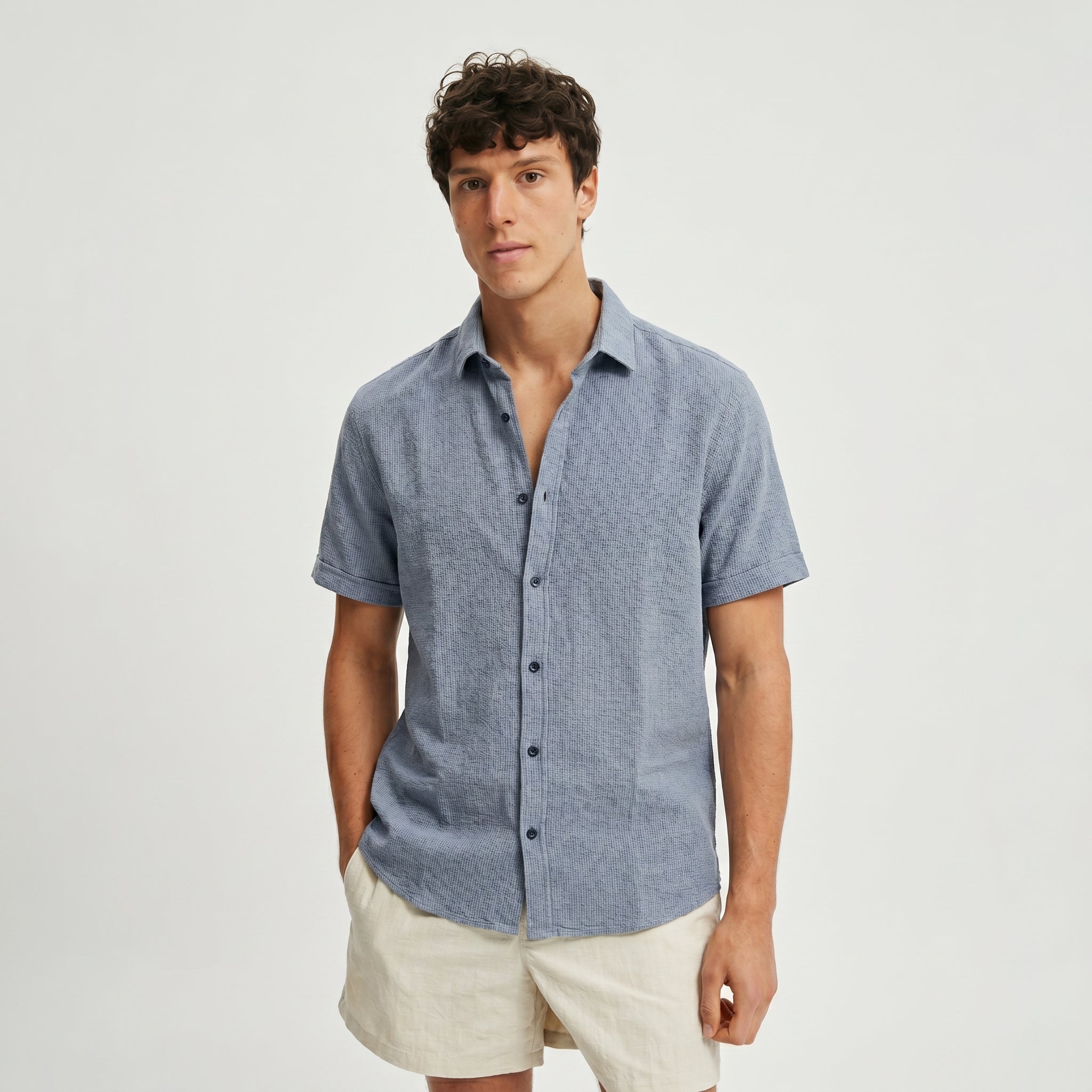 Men Regular Fit Shirt With Spread-Collar-Blue
