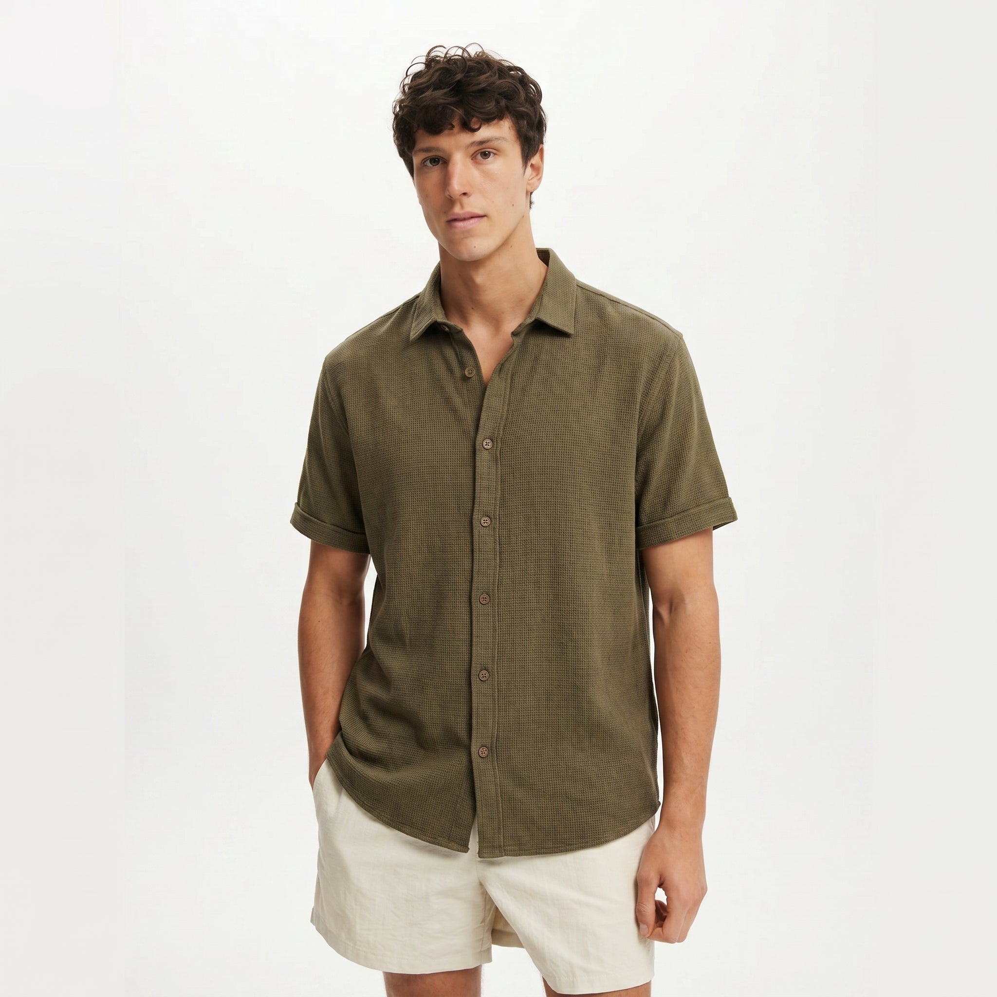 Men Regular Fit Shirt With Spread-Collar-olive