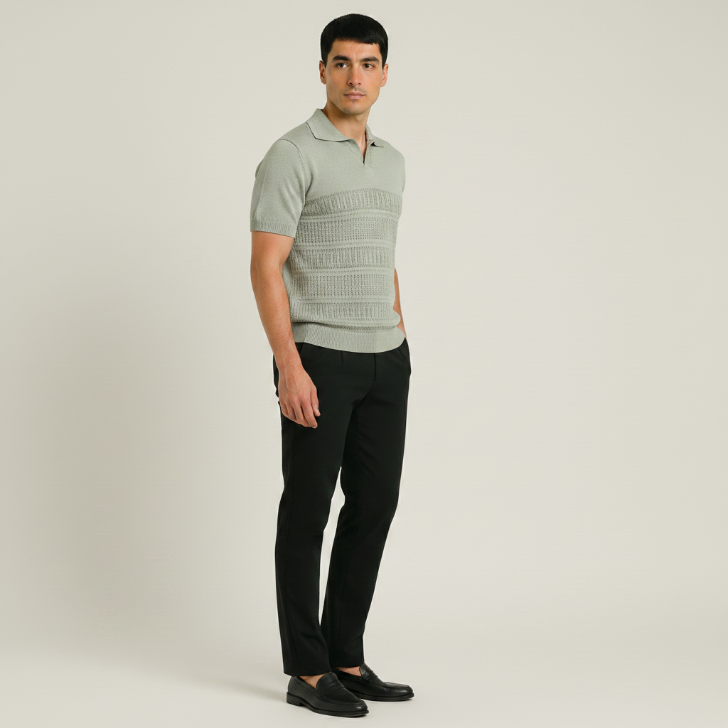Men Textured Knit Regular Fit Polo (Light Olive)