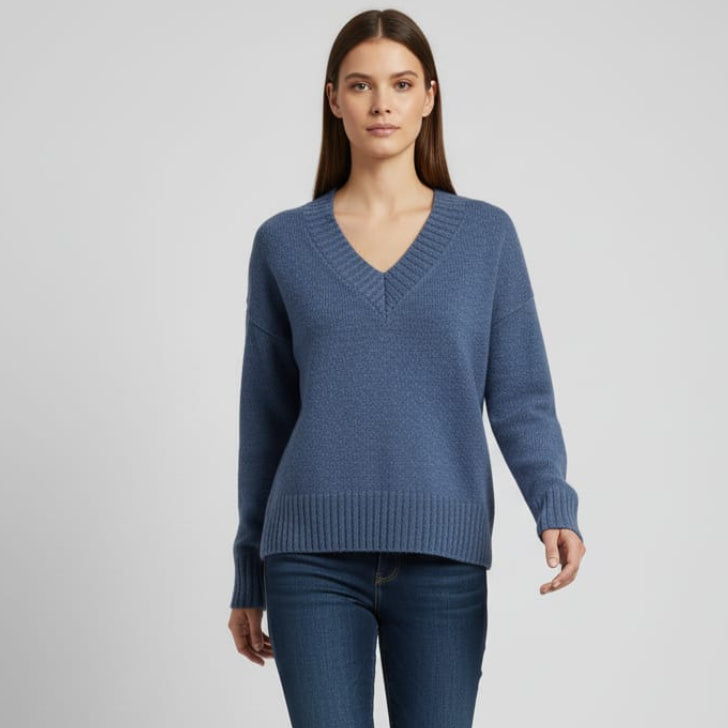 Women Over Size V-Neck Pullover (Blue)