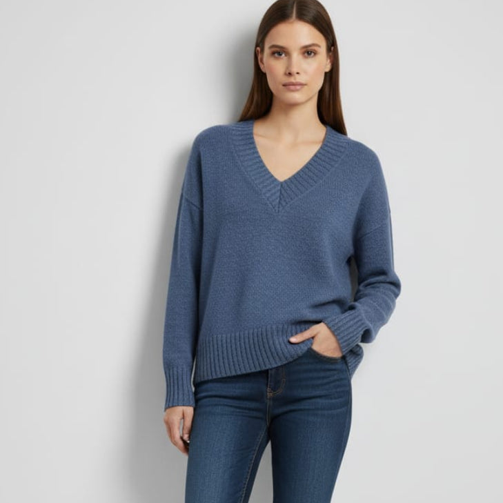 Women Over Size V-Neck Pullover (Blue)
