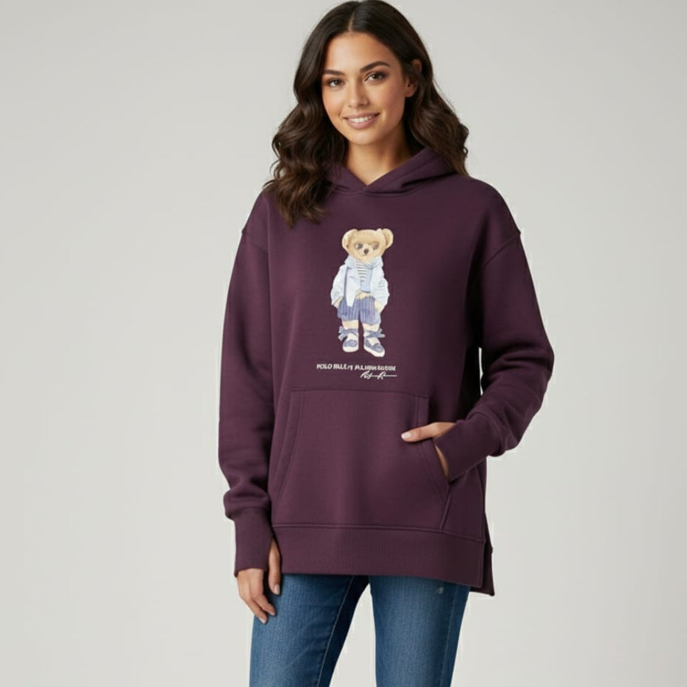 Women Side Slit Hoodie Bear Ralph (Burgandy)