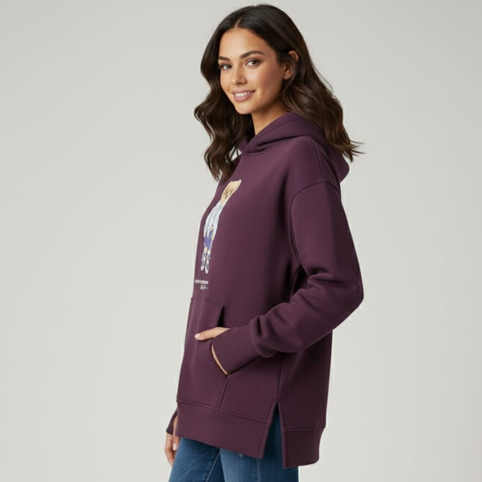 Women Side Slit Hoodie Bear Ralph (Burgandy)
