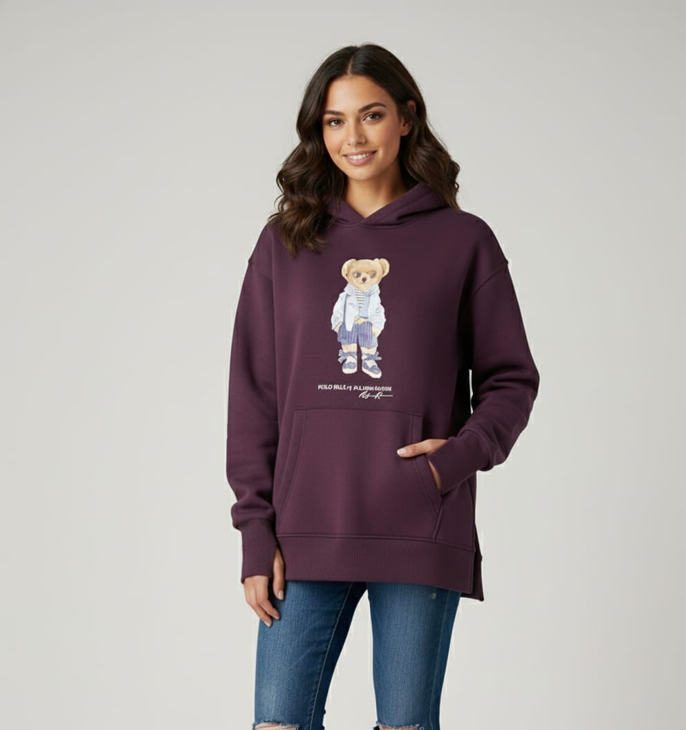 Women Side Slit Hoodie Bear Ralph (Burgandy)