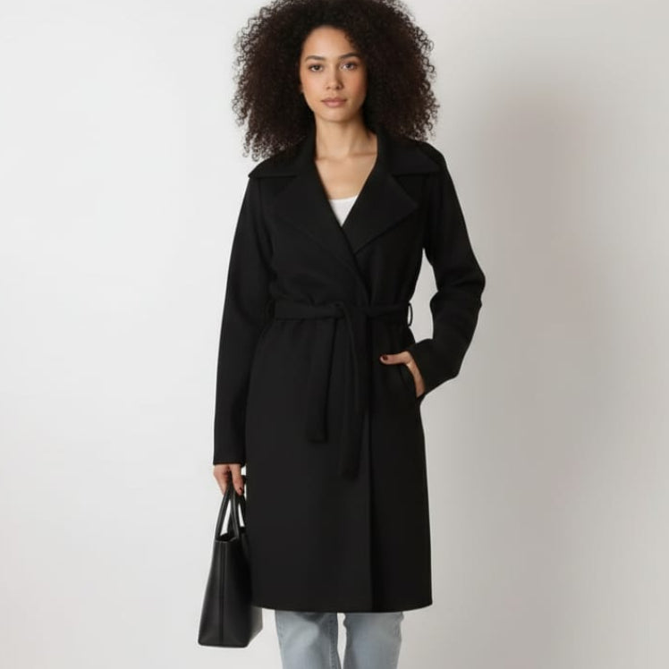 Women Regular Fit Belted Coat (Black)