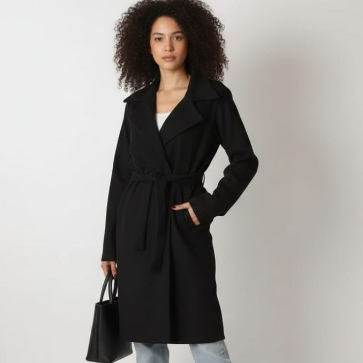 Women Regular Fit Belted Coat (Black)