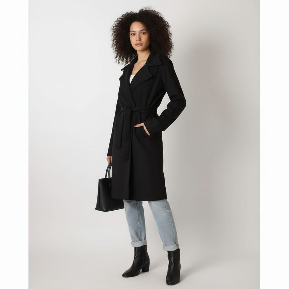 Women Regular Fit Belted Coat (Black)