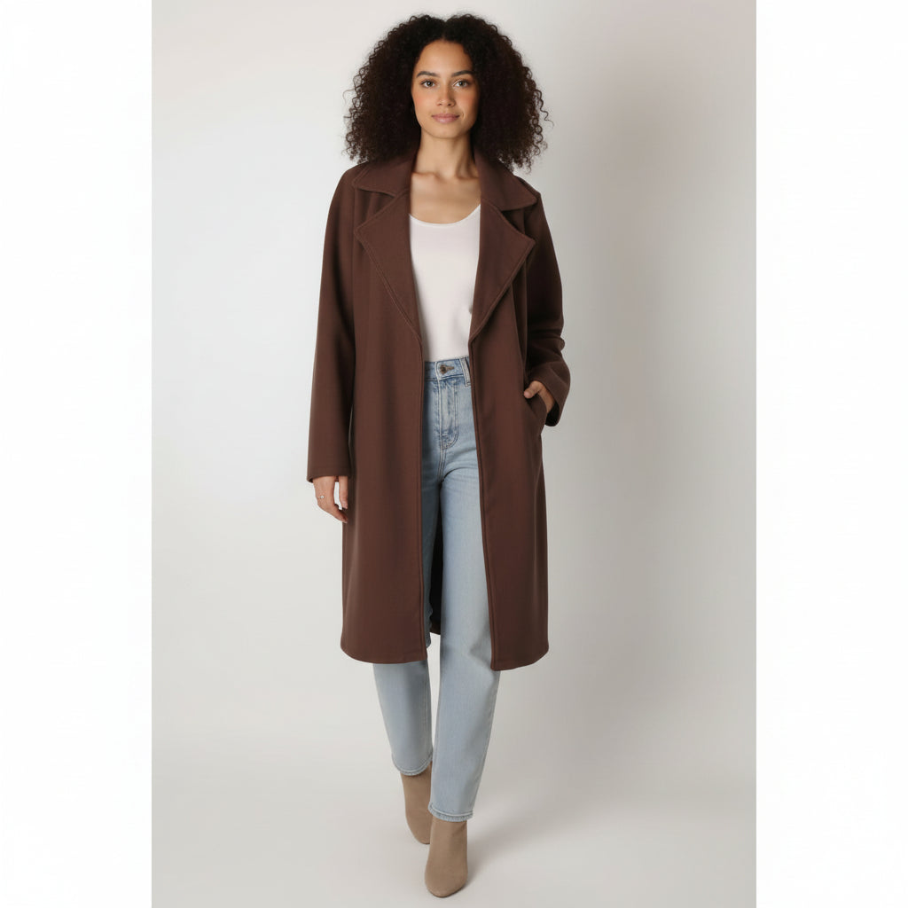 Women Regular Fit Belted Coat (Brown)