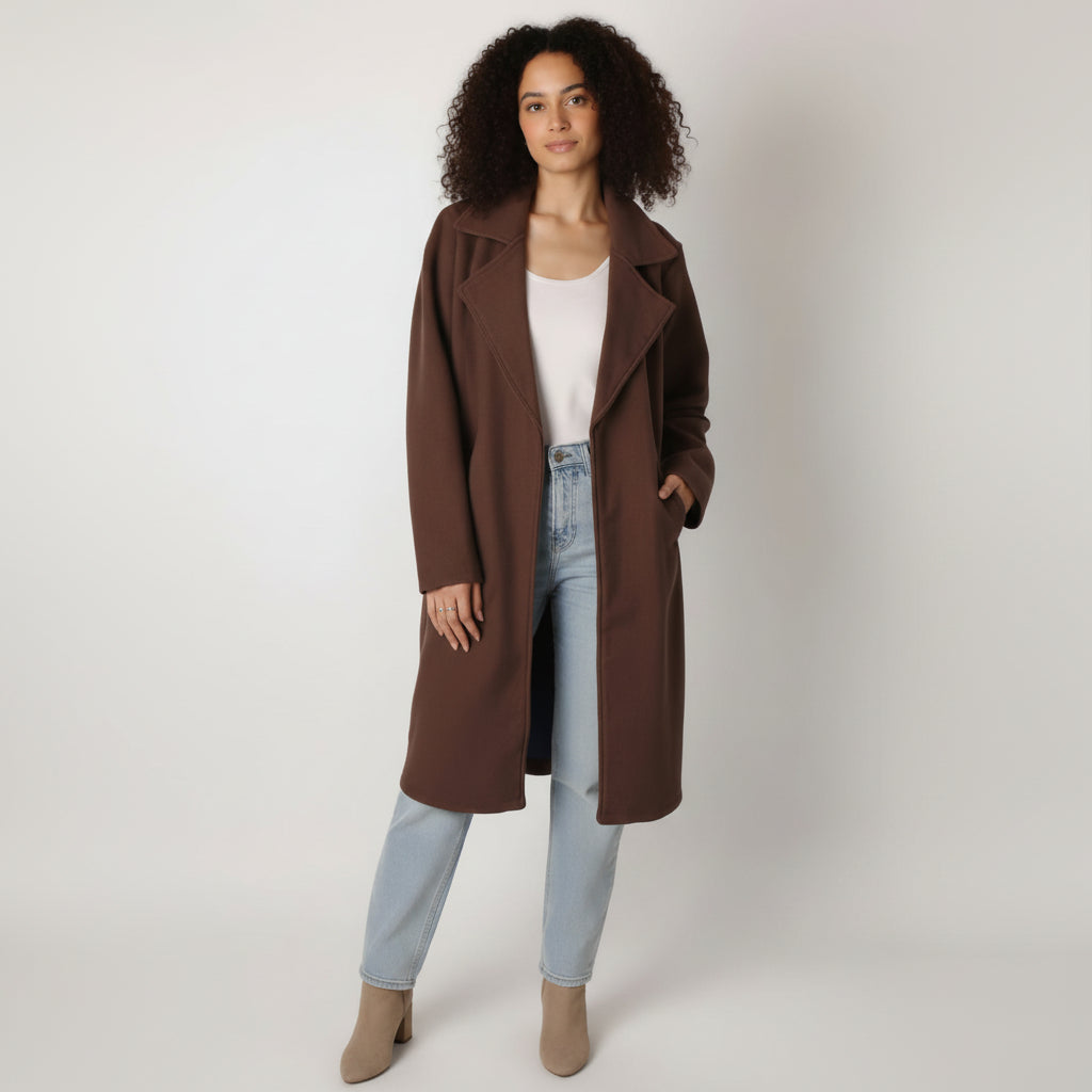 Women Regular Fit Belted Coat (Brown)